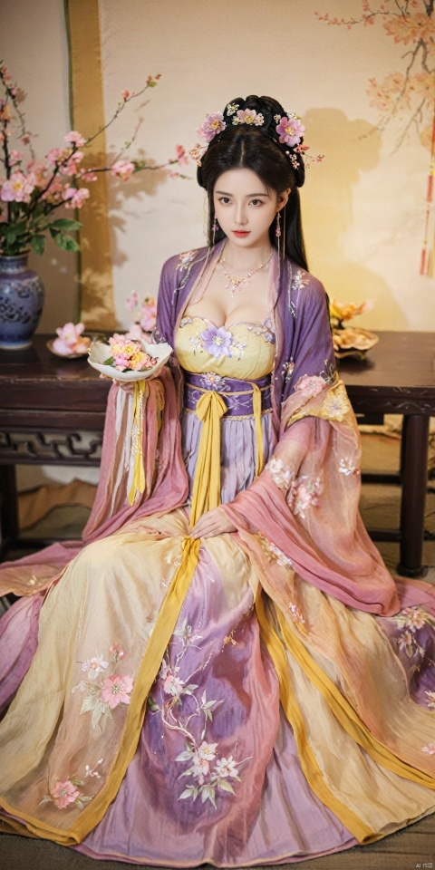  1girl, solo, long hair, black hair,Hairpins,necklace, hair ornament, dress, full body, flower, earrings, indoors, hair bun, (purple-pink-yellow dress),(Tube top Hanfu long skirt:1.1), pillow, bed, night, chinese clothes, table, branch,daxiushan, ,daxiushan style,(huge breasts:1.6), (full breasts:1.39), realistic,hanfu, daxiushan,Shoulders are exposed, , daxiushan, arien_hanfu, FilmGirl