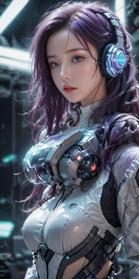  1girl,Future style gel coat,Future Combat Suit,Mecha,blurry background,breasts,depth of field,headphones,Glowing Clothing,Future Technology Space Station,Clothing with multiple light sources,Upper body,Oblique lateral body,Above the abdomen,headset,lips,long hair,looking at viewer,(big breasts:1.39),parted lips,realistic,science fiction,solo,upper body,purple hair