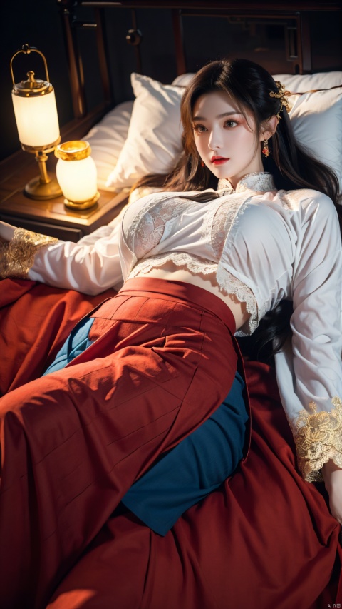  1girl, (Lace red|blue skirt:1.39), on Stomach, lying down, bed,aqua_earrings,Lights, lanterns, chang,(big breasts:1.49),hanfu, antique cheongsam, Chinese round fans,