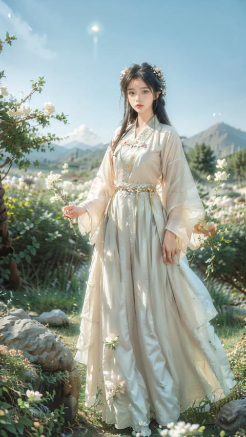  (8k, original image, best quality, masterpiece: 1.2),aerial garden, (A girl lazily stood on a rock watching the scenery),(Beautiful facial features, extremely beautiful face),(Hanfu long skirt:1.2),White Hanfu,The ancient tea trees on both sides of her are covered in white flowers,(Fisheye view), whole body, solo, atmospheric lighting, Ancient Chinese Architecture,The foreground is a Chinese style circular arch,Far away is a mountain hidden in the clouds,White flowers, wind,cloud, atmospheric lighting,physics based rendering, viewers,DUNHUANG_CLOTHS,han style,1 girl