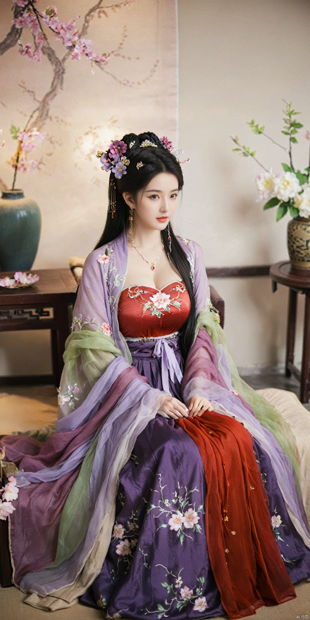  1girl, solo, long hair, black hair,Hairpins,necklace, hair ornament, dress, full body, flower, earrings, indoors, hair bun, (purple-red-green dress),(Tube top Hanfu long skirt:1.1), pillow, bed, night, chinese clothes, table, branch,daxiushan, ,daxiushan style,(huge breasts:1.6), (full breasts:1.39), realistic,hanfu, daxiushan,Shoulders are exposed, , daxiushan, arien_hanfu, FilmGirl