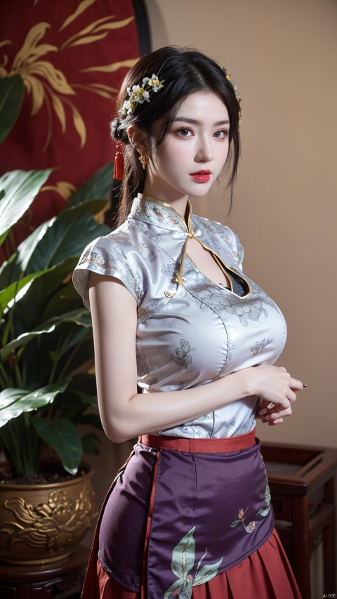  1girl, (high collar Lace red|purple skirt:1.39), on Stomach, bed,aqua_earrings,Lights, lanterns, chang,(big breasts:1.79),hanfu, (antique cheongsam, Chinese round fans:1.3),(Flower arrangement, potted orchid, screen, Chinese ink painting, round fan:1.25)