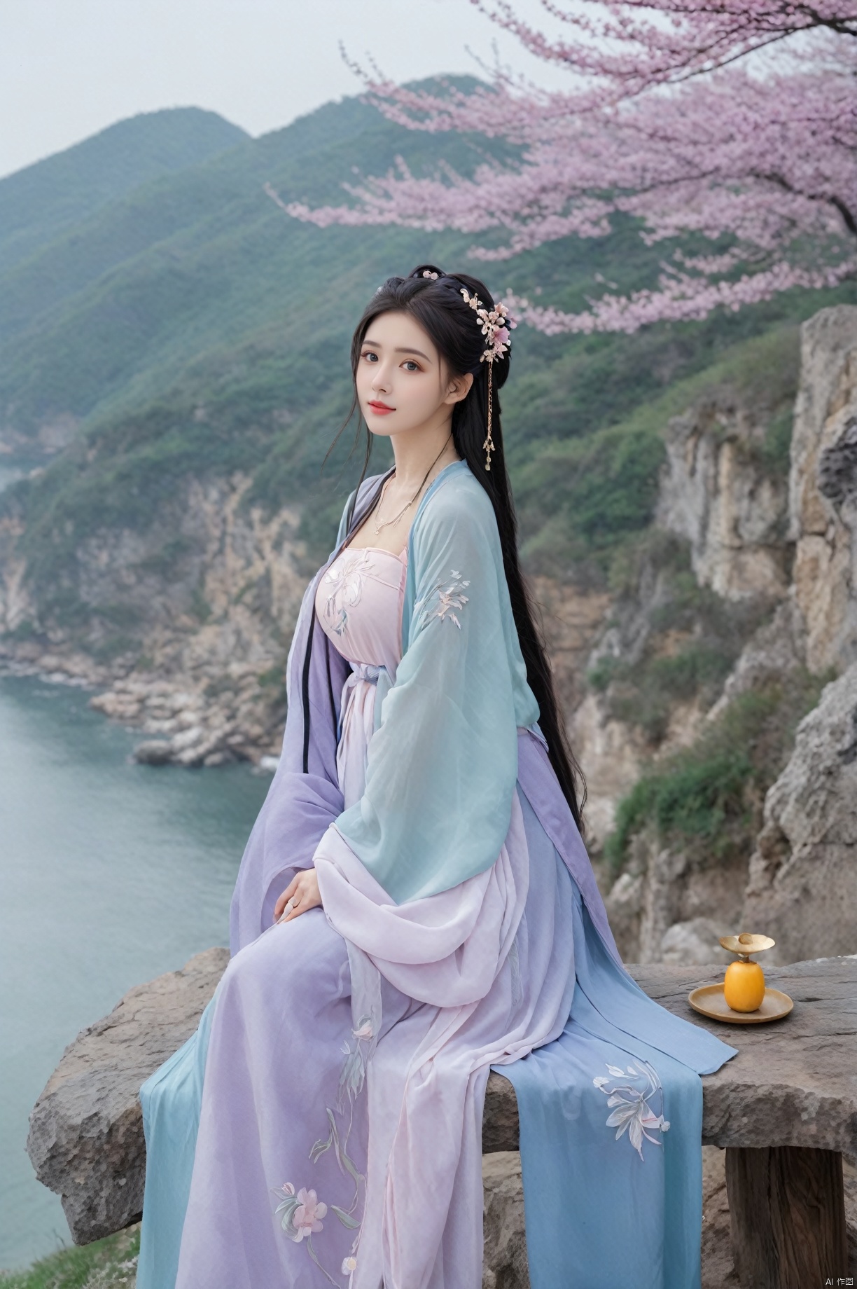  (Masterpiece:1.2), best quality, (huge and full breasts:1.99), (full breasts:1.58), necklace, Tree, Outdoor, Flower Sea, Cliff Edge, full body, daxiushan
1girl, long hair, breasts, looking at viewer, black hair, hair ornament, long sleeves, dress, indoors, wide sleeves, purple-blue-green dress, chinese clothes, table, realistic, hanfu, daxiushan,daxiushan style, monkren, FilmGirl