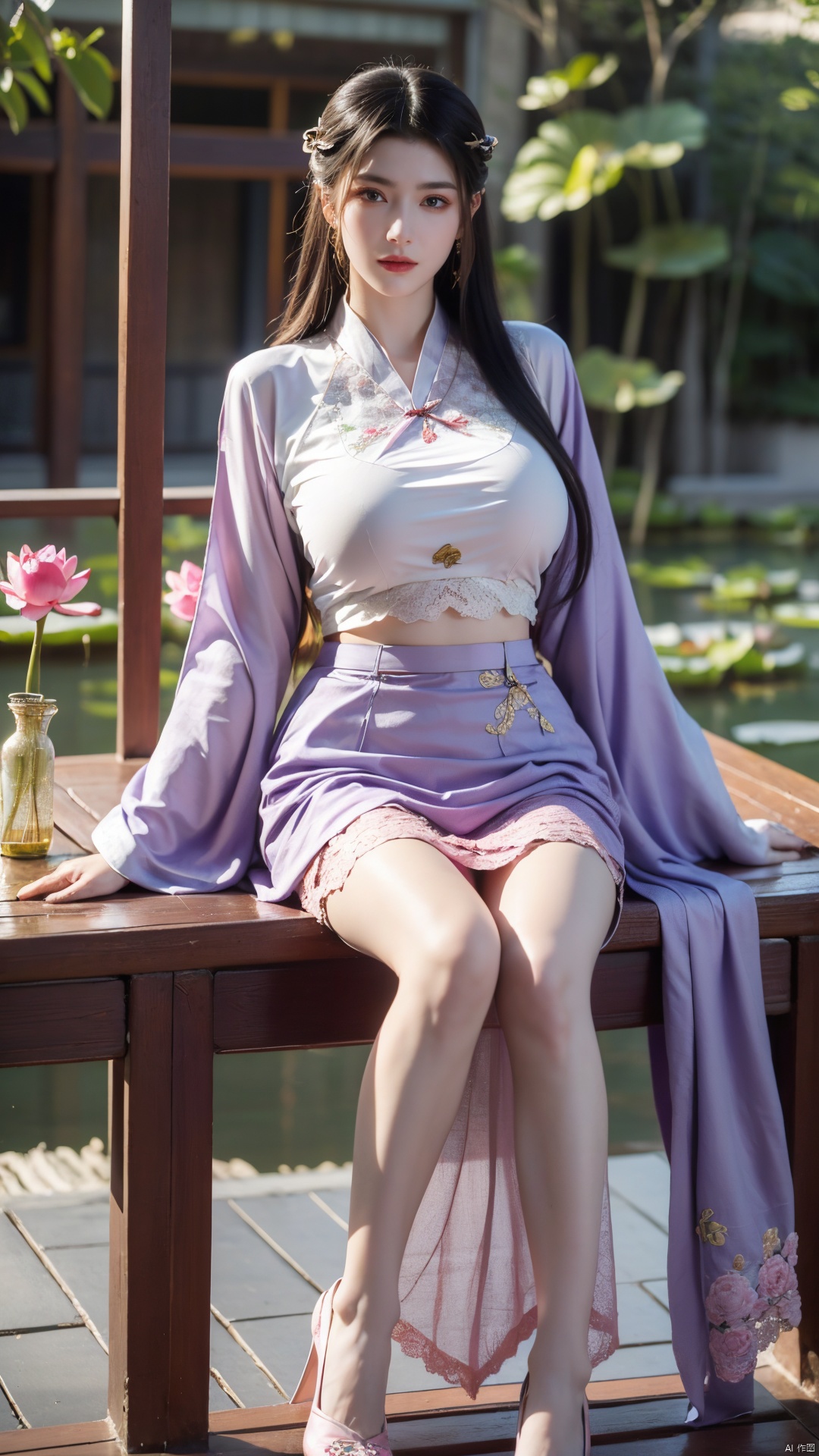  (1girl:1.1), (Lace purple skirt:1.39), on Stomach,aqua_earrings,Lights, lanterns, chang,(big breasts:1.56),hanfu, Best quality, Realistic, photorealistic, masterpiece, extremely detailed CG unity 8k wallpaper, best illumination, best shadow, huge filesize ,(huge breasts:1.59) incredibly absurdres, absurdres, looking at viewer, transparent, smog, gauze, vase, petals, room, ancient Chinese style, detailed background, wide shot background,
(((black hair))),(Sitting on the lotus pond porch:1.49) ,(A pond full of pink lotus flowers:1.5),close up of 1girl,Hairpins,hair ornament,hair wings,slim,narrow waist,perfect eyes,beautiful perfect face,pleasant smile,perfect female figure,detailed skin,charming,alluring,seductive,erotic,enchanting,delicate pattern,detailed complex and rich exquisite clothing detail,delicate intricate fabrics,
Morning Serenade In the gentle morning glow, (a woman in a pink lotus-patterned Hanfu stands in an indoor courtyard:1.36),(Chinese traditional dragon and phoenix embroidered Hanfu:1.3), admiring the tranquil garden scenery. The lotus-patterned Hanfu, embellished with silver-thread embroidery, is softly illuminated by the morning light. The light mint green Hanfu imparts a sense of calm and freshness, adorned with delicate lotus patterns, with a blurred background to enhance the peaceful atmosphere,