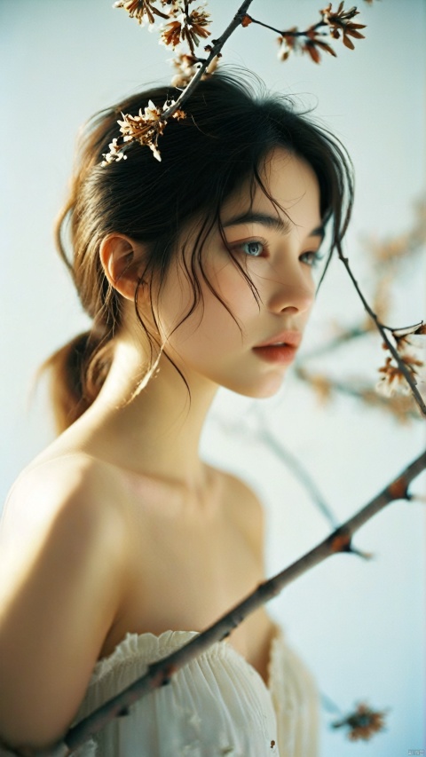  cinematic photo Photography style, master masterpiece, super detail, 1 young girl, model, delicate face, off shoulder, withered branches around, perfect body, white background, analog film, HD, 8k . 35mm photograph, film, bokeh, professional, 4k, highly detailed