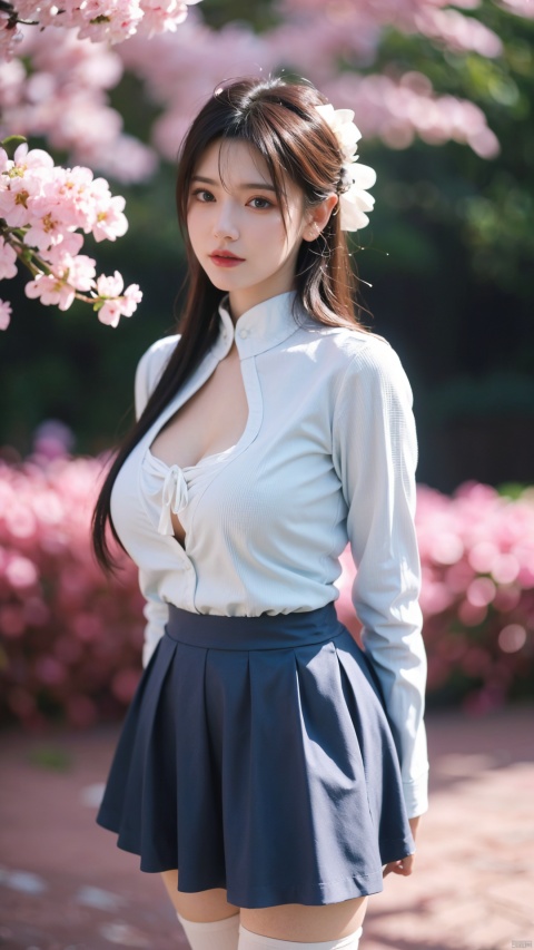  1girl,eye contact,sunlight,(cyan JK_suit:1.2),JK_style,(dark blue JK_skirt),standing,arms behindback,white thighhighs,unity 8k wallpaper,ultra detailed,beautiful and aesthetic,cherry blossoms,(depth of field:1.5),(black pantyhose),reality,high quality,highres,(big breasta:1.26)