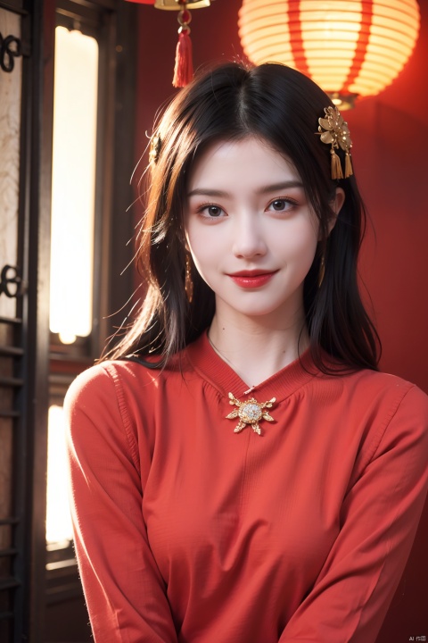  1girl,(solo:1.2),red sweater,sweater,sitting,grin,smile,chinese new year,jewelry,tassel,lantern,make up,hair ornament,(realistic,4K resolution,masterpiece,top quality,best quality,official art,beautiful and aesthetic),photorealistic,red background,paper lantern,eastern dragon