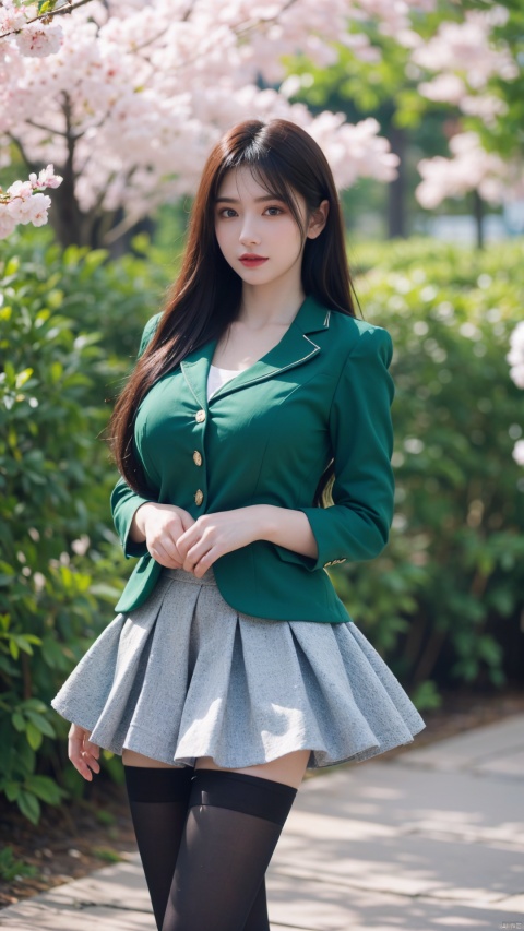  1girl,eye contact,sunlight,(green JK_suit:1.2),JK_style,(dark blue JK_skirt),standing,arms behindback,white thighhighs,unity 8k wallpaper,ultra detailed,beautiful and aesthetic,cherry blossoms,(depth of field:1.5),(black pantyhose),reality,high quality,highres,(big breasta:1.43)