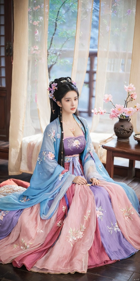  1girl, solo, long hair, black hair,Hairpins,necklace, hair ornament, dress, full body, flower, earrings, indoors, hair bun, (purple-pink-blue dress),(Tube top Hanfu long skirt:1.1), pillow, bed, night, chinese clothes, table, branch,daxiushan, ,daxiushan style,(huge breasts:1.6), (full breasts:1.39), realistic,hanfu, daxiushan,Shoulders are exposed, , daxiushan, arien_hanfu, FilmGirl