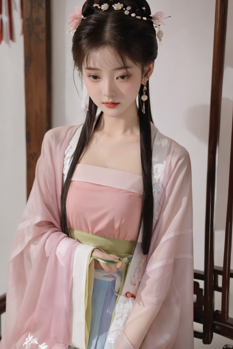  (masterpiece, top quality, best quality, official art, beautiful and aesthetic:1.2),gf-hd, 1girl, solo, hair ornament, jewelry,hanfu dress, pink dress, earrings, chinese clothes, brown hair, ribbon, hanfu, red ribbon, shawl, song_hanfu,(big breasts:1.89), monkren