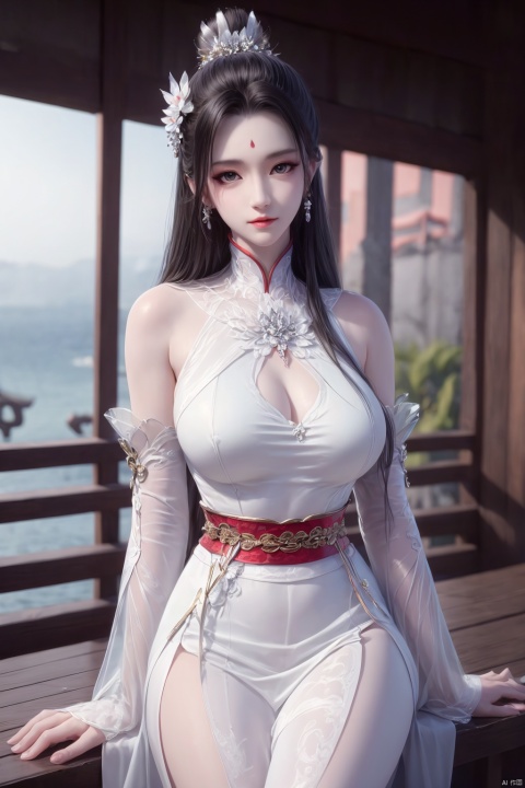 Xbaihehuai,masterpiece,(best quality),official art, extremely detailed cg 8k wallpaper,((crystalstexture skin)), (extremely delicate and beautiful),highly detailed,1girl,solo,long hair,headwear,,(black hair),(closed mouth),(standing),(chinese clothing),dress,Headwear, jewelry,,looking at the audience,Facing the camera,indoor,Street, Sunny,(whole body),looking_at_viewer, (big breasts), upper body,Xbaihehuai