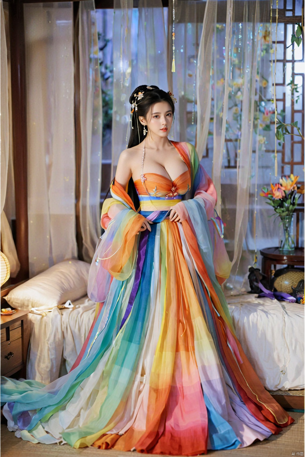  1girl, solo, long hair, black hair,Hairpins,necklace, hair ornament, dress, full body, flower, earrings, indoors, hair bun, (Seven-color rainbow gradient color dress),(Tube top Hanfu long skirt:1.1), pillow, bed, night, chinese clothes, table, branch,daxiushan, ,daxiushan style,(huge breasts:1.79), (full breasts:1.59), realistic,hanfu, daxiushan,Shoulders are exposed, , daxiushan, arien_hanfu, FilmGirl