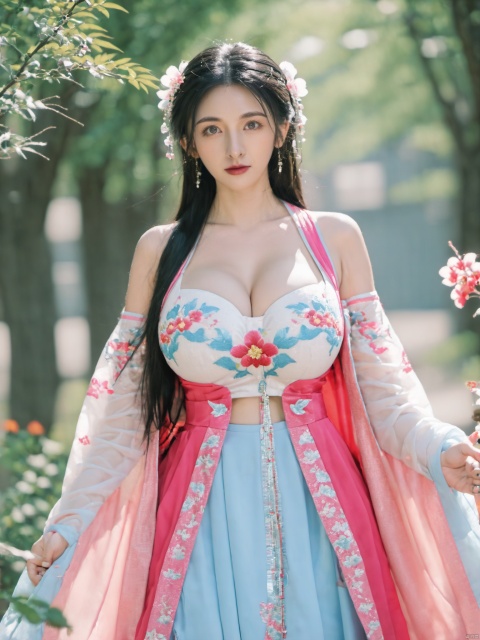  arien_hanfu,1girl, solo, flower, long hair, black hair, hair ornament, (big breasts:2),(huge breasts:2.3), hair flower, blue eyes, floral print, chinese clothes, looking at viewer, detached sleeves, full body, white flower, parted lips, dress, pink flower, china dress, bare shoulders, blush, red flower, eyelashes, white dress, lips, sleeveless, parted bangs, grey background, gongzhuqie, neon_dress,huansha, glowing,lens flare,big leaf,plant, wind, chang,(big breasts:2.5)