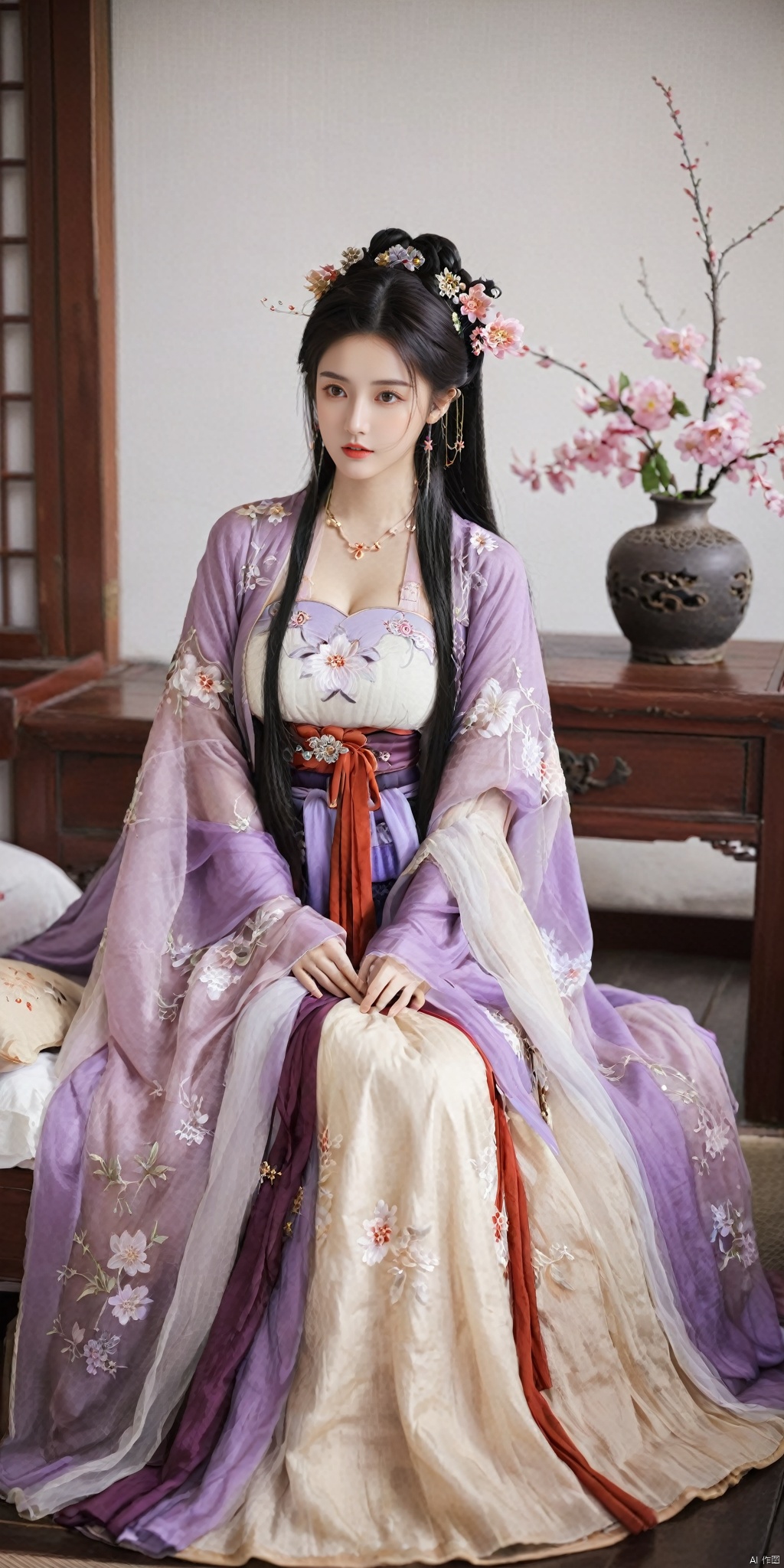  1girl, solo, long hair, black hair,Hairpins,necklace, hair ornament, dress, full body, flower, earrings, indoors, hair bun, (purple-red-white dress),(Tube top Hanfu long skirt:1.1), pillow, bed, night, chinese clothes, table, branch,daxiushan, ,daxiushan style,(huge breasts:1.6), (full breasts:1.39), realistic,hanfu, daxiushan,Shoulders are exposed, , daxiushan, arien_hanfu, FilmGirl