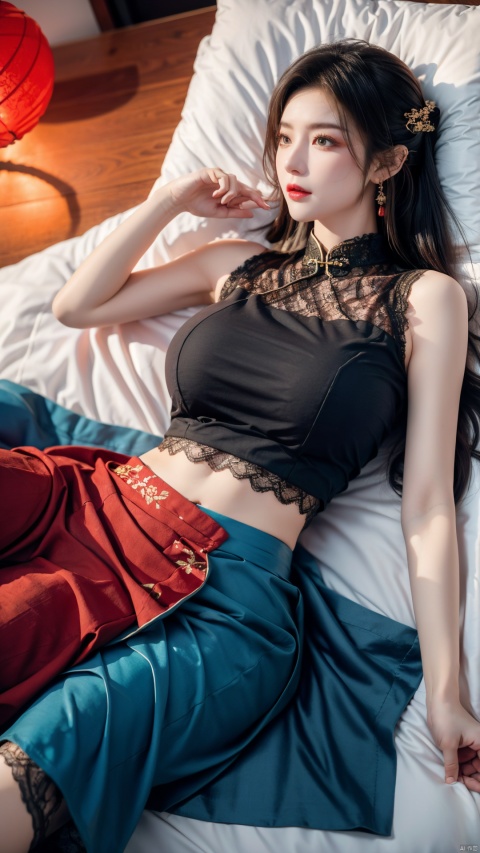  1girl, (Lace red|blue skirt:1.39), on Stomach, lying down, bed,aqua_earrings,Lights, lanterns, chang,(big breasts:1.49),hanfu, antique cheongsam, Chinese round fans,