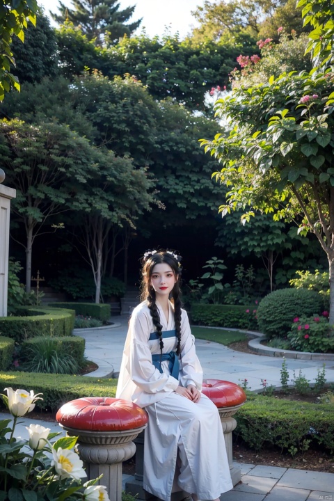  (hanfu:0.9),(ru_qun:1.1),(masterpiece:1.2), (best quality:1.3), (ultra-detailed:1.2), (illustration:1.2), (Cinematic Lighting),In a whimsical and fantastical garden, the 2D anime black hair girl sits on a giant toadstool, surrounded by giant mushrooms and colorful butterflies. She wears a playful and quirky hanfu and qixiong ruqun, She has a curious and adventurous expression on her face, as she explores the strange and wondrous garden. Her hair is styled in pigtails, the color of candyfloss, adorned with a pair of oversized bows. She holds a butterfly in hand. The atmosphere is whimsical and playful, it's clear that she is in her element and enjoying the moment of the fantastical garden.,black hair, Raytracing,beautiful and clear background,hime cut,, ru_qun