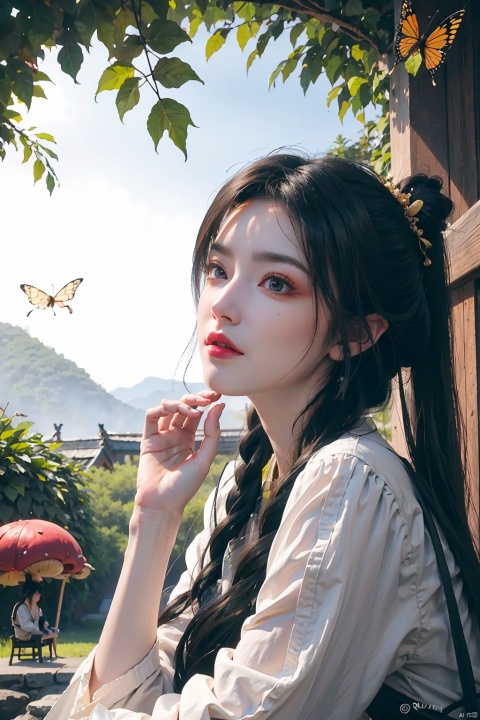  (hanfu:0.9),(ru_qun:1.1),(masterpiece:1.2), (best quality:1.3), (ultra-detailed:1.2), (illustration:1.2), (Cinematic Lighting),In a whimsical and fantastical garden, the 2D anime black hair girl sits on a giant toadstool, surrounded by giant mushrooms and colorful butterflies. She wears a playful and quirky hanfu and qixiong ruqun, She has a curious and adventurous expression on her face, as she explores the strange and wondrous garden. Her hair is styled in pigtails, the color of candyfloss, adorned with a pair of oversized bows. She holds a butterfly in hand. The atmosphere is whimsical and playful, it's clear that she is in her element and enjoying the moment of the fantastical garden.,black hair, Raytracing,beautiful and clear background,hime cut,, ru_qun