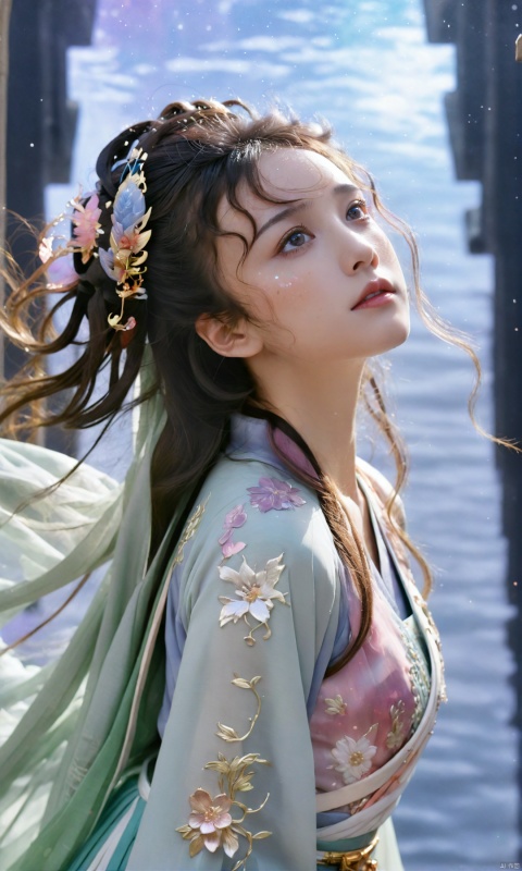  (long shot front view:1.1) a girl with brunette Curly hair and hazel eyes wearing modest cyber mecha hanfu,(looking up in awe:1.1),watercolor splotches background,Backlit,soft lighting,(water color:0.8),anime artwork,anime style,key visual,vibrant,(extremely detailed:1.1),expressive, See through, (big breasts:1.29),