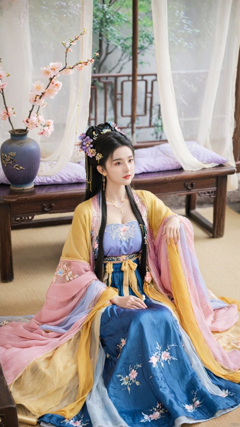  1girl, solo, long hair, black hair,Hairpins,necklace, hair ornament, dress, full body, flower, earrings, indoors, hair bun, (purple-pink-blue-yellow dress),(Tube top Hanfu long skirt:1.1), pillow, bed, night, chinese clothes, table, branch,daxiushan, ,daxiushan style,(huge breasts:1.6), (full breasts), realistic,hanfu, daxiushan,Shoulders are exposed, , daxiushan, arien_hanfu, FilmGirl