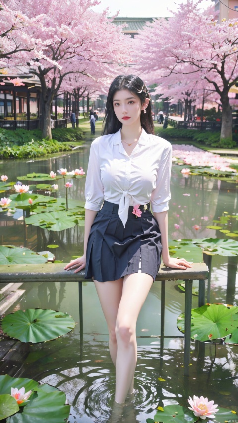  Best quality,masterpiece, 1girl,business shirt, (huge breasts:1.59)(Tie), (Exposed thighs:1.3), (mini skirt:1.3), (pleated skirt:1.3),1 girl,(Sitting on the grass in the park with a lotus pond in the background:1.3),(Lotus, cherry blossom, water lily:1.53),(huge breasts:1.69),Clothes Chinese landscape painting hanging on the wall,moyou
