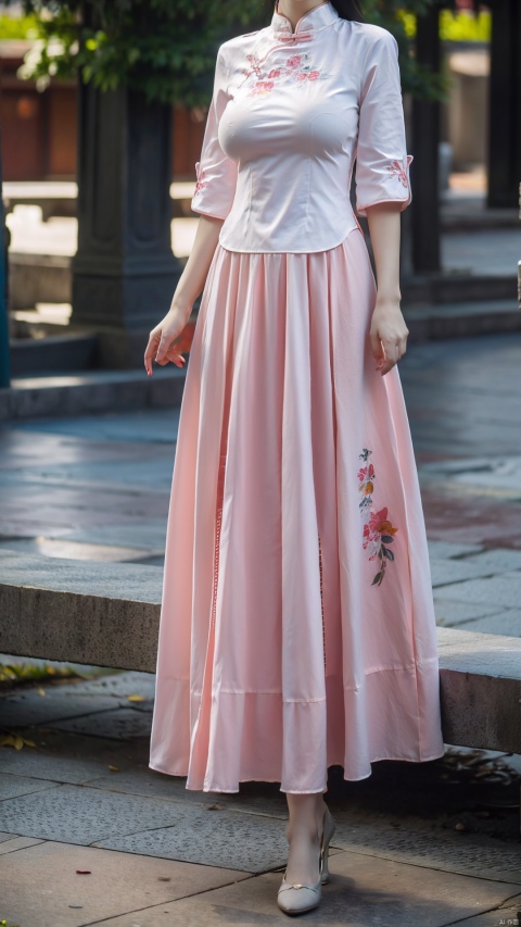  (pink printed chinese upshirt:1.1),
BREAK,
(blue long skirt:1.1),1 girl,(big breasts:1.8), high heels,(short hair:1.1), (realistic:1.7),((best quality)),absurdres,(ultra high res),full body,(photorealistic:1.6),photorealistic,octane render,(hyperrealistic:1.2), (big breasts:1.8), (photorealistic face:1.2), (8k), (4k), (Masterpiece),(realistic skin texture), (illustration, cinematic lighting,wallpaper),( beautiful eyes:1.2),((((perfect face)))),(cute),(standing),(black hair),(short hair), (outdoors), , long skirt, QIPAO,, (big breasts:1.8),1girl