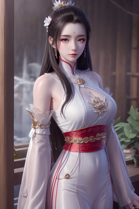 Xbaihehuai,masterpiece,(best quality),official art, extremely detailed cg 8k wallpaper,((crystalstexture skin)), (extremely delicate and beautiful),highly detailed,1girl,solo,long hair,headwear,,(black hair),(closed mouth),(standing),(chinese clothing),dress,Headwear, jewelry,,looking at the audience,Facing the camera,indoor,Street, Sunny,(whole body),looking_at_viewer, (big breasts), upper body,Xbaihehuai, ty-hd, desert_sky,X-Hydrangea
