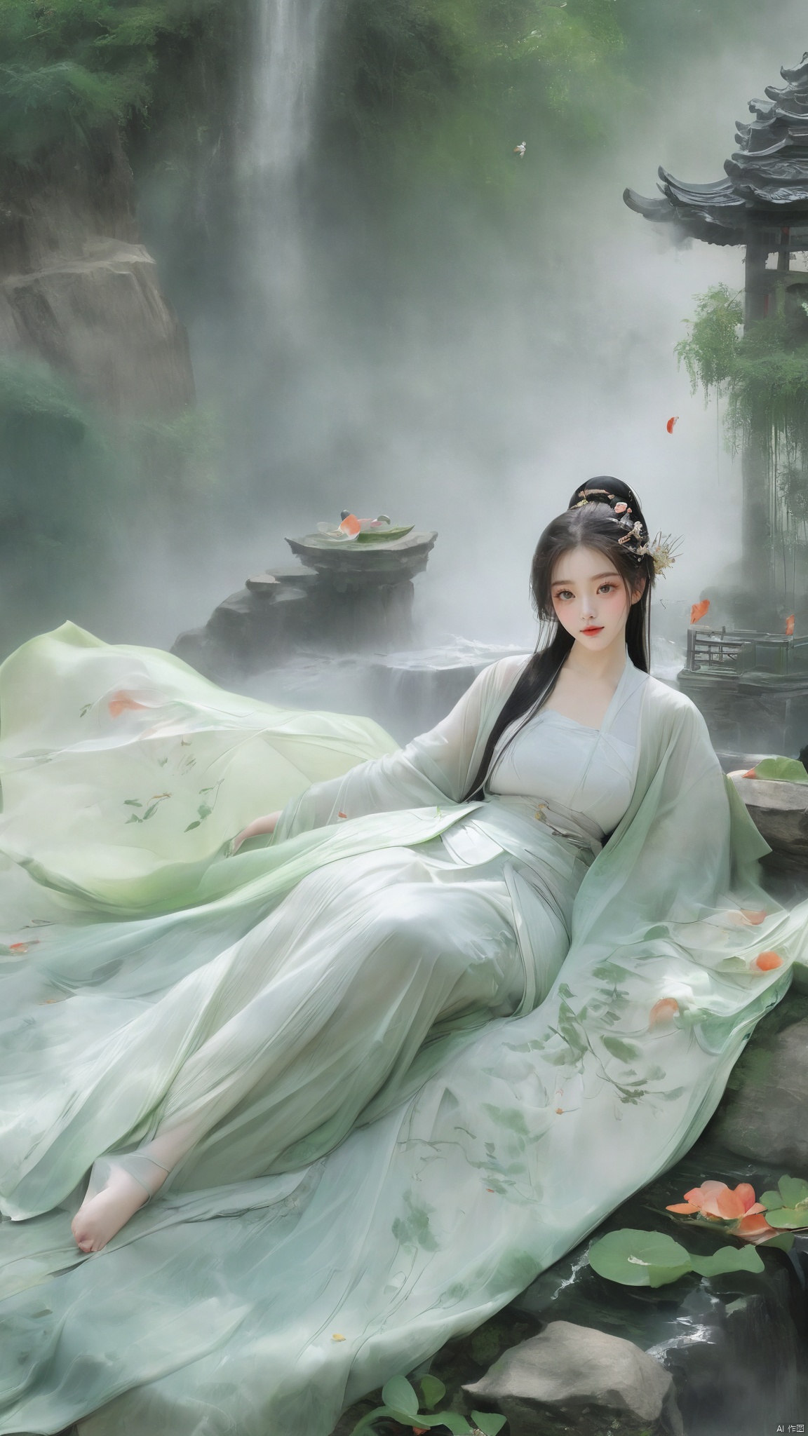  ((1girl)),solo,lying on back on bamboo mat bed in garden,paper fan,thin hanfu,foggy,(curtain),(bamboo forest),(huge breasts:1.88),(Spread your legs and expose your vagina:1.55),tiles roof,light green and white,off shoulders,chinese painting,gongbi style,water_color,(grapevineman:1.4),(huge breasts:2),(trees, artificial mountain, green lotus leaves,light pink lotus flowers),koi,wooden windows,doors,bed,stone,trandional architecture,temple,tower,wall,chinese garden,long hair,full body,bangs,(huge breasts:2.2),(masterpiece, Extremely detailed, best quality, highres:1.2),(ultra_detailed, UHD:1.2),soft smile,huyefo,1girl,see-through,(huge breasts:2.3),,*****,bsp,daxiushan,daxiushan style,