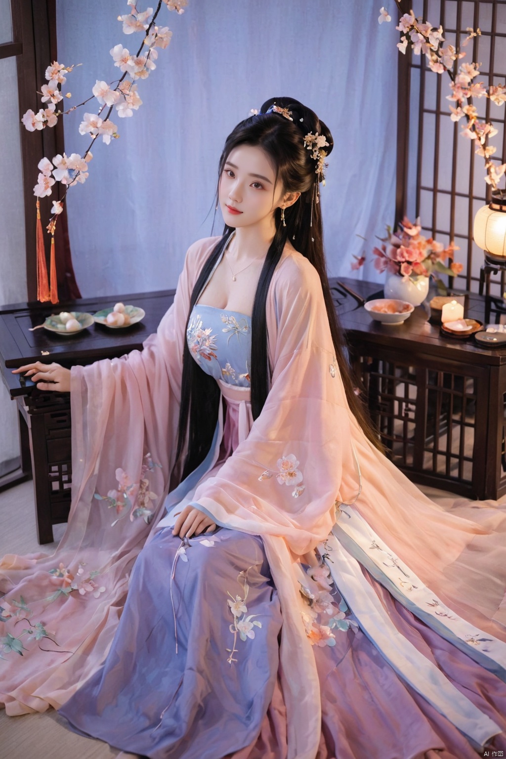  1girl, solo, long hair, black hair,Hairpins,necklace, hair ornament, dress, full body, flower, earrings, indoors, hair bun, (Holographic color dress),(Tube top Hanfu long skirt:1.1), pillow, bed, night, chinese clothes, table, branch,daxiushan, ,daxiushan style,(huge breasts:1.99), (full breasts:1.59), realistic,hanfu, daxiushan,Shoulders are exposed, , daxiushan, arien_hanfu, FilmGirl