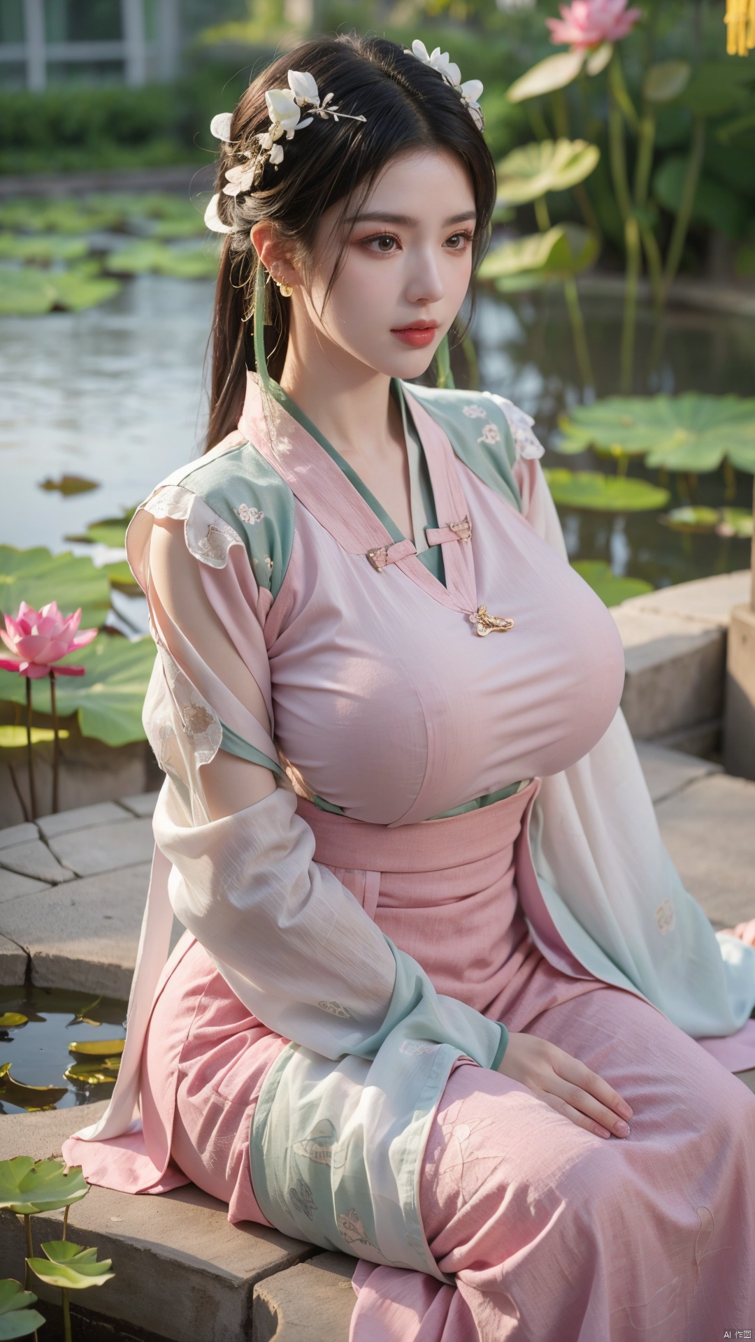  (1girl:1.1), (Lace pink-green skirt:1.39), on Stomach,aqua_earrings,Lights, lanterns, chang,(big breasts:1.56),hanfu, Best quality, Realistic, photorealistic, masterpiece, extremely detailed CG unity 8k wallpaper, best illumination, best shadow, huge filesize ,(huge breasts:1.59) incredibly absurdres, absurdres, looking at viewer, transparent, smog, gauze, vase, petals, room, ancient Chinese style, detailed background, wide shot background,
(((black hair))),(Sitting on the lotus pond porch:1.49) ,(A pond full of pink lotus flowers:1.5),close up of 1girl,Hairpins,hair ornament,hair wings,slim,narrow waist,perfect eyes,beautiful perfect face,pleasant smile,perfect female figure,detailed skin,charming,alluring,seductive,erotic,enchanting,delicate pattern,detailed complex and rich exquisite clothing detail,delicate intricate fabrics,
Morning Serenade In the gentle morning glow, (a woman in a pink lotus-patterned Hanfu stands in an indoor courtyard:1.36),(Chinese traditional dragon and phoenix embroidered Hanfu:1.3), admiring the tranquil garden scenery. The lotus-patterned Hanfu, embellished with silver-thread embroidery, is softly illuminated by the morning light. The light mint green Hanfu imparts a sense of calm and freshness, adorned with delicate lotus patterns, with a blurred background to enhance the peaceful atmosphere, song_hanfu, tang_hanfu