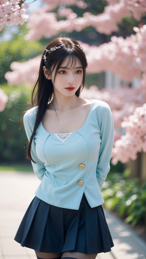  1girl,eye contact,sunlight,(cyan JK_suit:1.2),JK_style,(dark blue JK_skirt),standing,arms behindback,white thighhighs,unity 8k wallpaper,ultra detailed,beautiful and aesthetic,cherry blossoms,(depth of field:1.5),(black pantyhose),reality,high quality,highres,(big breasta:1.26)