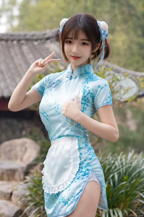  best quality, masterpiece,Depth of field,kind smile,looking_at_viewer,Dynamic pose,RAW photo,1girl,Xcheongsam,(big breasts:1.39),ping dress,