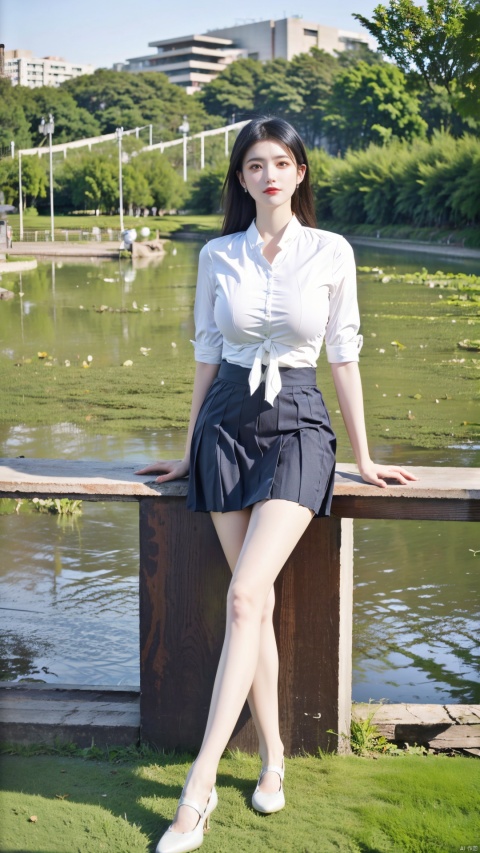  Best quality,masterpiece, 1girl,business shirt, (huge breasts:1.59)(Tie), (Exposed thighs:1.3), (mini skirt:1.3), (pleated skirt:1.3),1 girl,(Sitting on the grass in the park with a lotus pond in the background:1.3),(huge breasts:1.69),Clothes Chinese landscape painting hanging on the wall,moyou