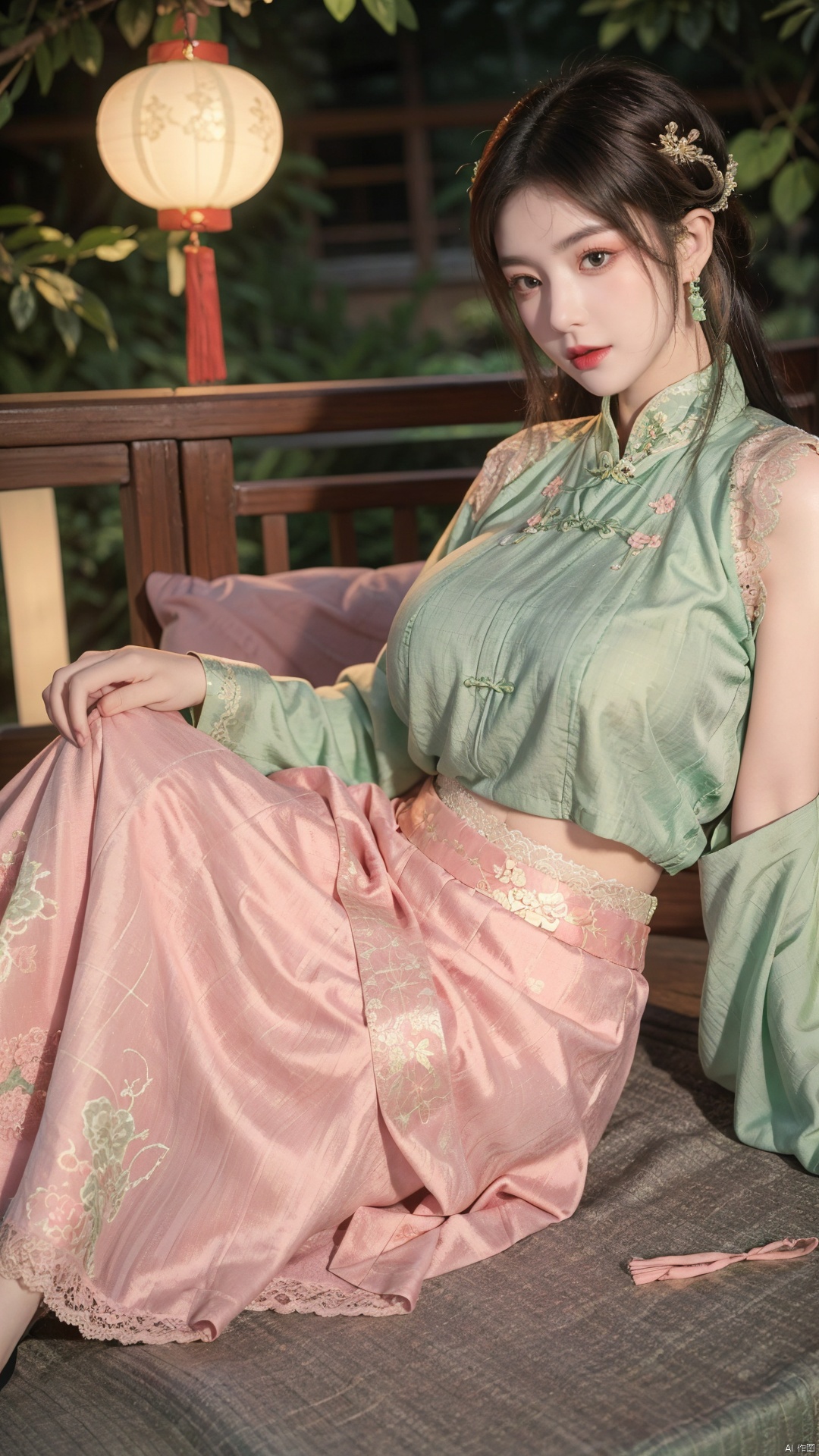  1girl, (Lace pink|green skirt:1.46), on Stomach, lying down, bed,aqua_earrings,Lights, lanterns, chang,(big breasts:1.59),hanfu, (antique cheongsam), (Chinese round fans:1.2), ll-hd, shidudou,(midi skirt:1.19), QIPAO, taoist robe, hy, han style, Light master