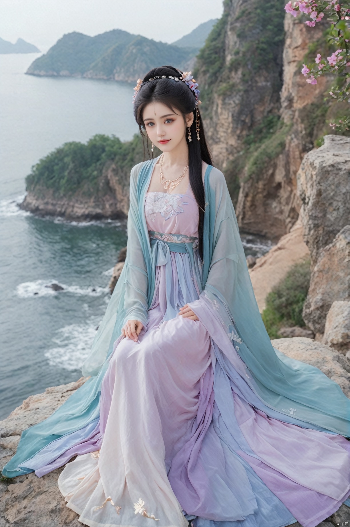  (Masterpiece:1.2), best quality, (huge and full breasts:1.99), (full breasts:1.58), necklace, Tree, Outdoor, Flower Sea, Cliff Edge, full body, daxiushan
1girl, long hair, breasts, looking at viewer, black hair, hair ornament, long sleeves, dress, indoors, wide sleeves, purple-blue-green dress, chinese clothes, table, realistic, hanfu, daxiushan,daxiushan style, monkren, FilmGirl