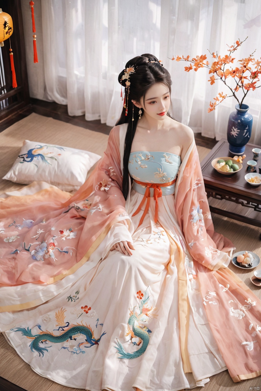  1girl, solo, long hair, black hair,Hairpins,necklace, hair ornament, dress, full body, flower, earrings, indoors, hair bun, (Dragon and phoenix pattern embroidery dress),(Tube top Hanfu long skirt:1.1), pillow, bed, night, chinese clothes, table, branch,daxiushan, ,daxiushan style,(huge breasts:1.99), (full breasts:1.59), realistic,hanfu, daxiushan,Shoulders are exposed, , daxiushan, arien_hanfu, FilmGirl