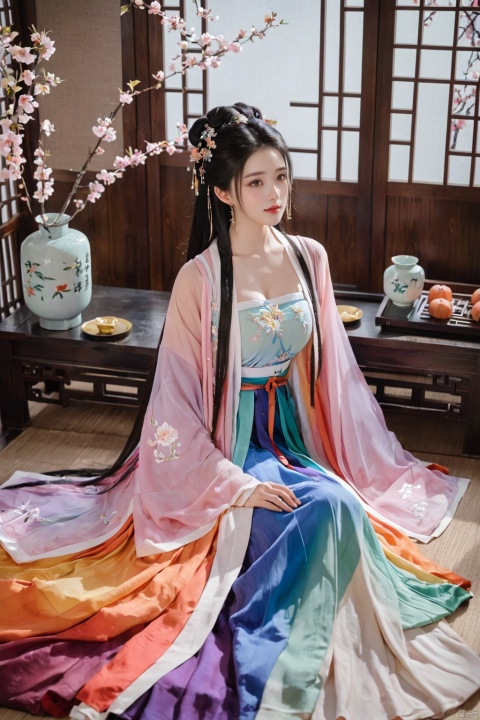  1girl, solo, long hair, black hair,Hairpins,necklace, hair ornament, dress, full body, flower, earrings, indoors, hair bun, (Seven-color rainbow gradient color dress),(Tube top Hanfu long skirt:1.1), pillow, bed, night, chinese clothes, table, branch,daxiushan, ,daxiushan style,(huge breasts:1.99), (full breasts:1.59), realistic,hanfu, daxiushan,Shoulders are exposed, , daxiushan, arien_hanfu, FilmGirl
