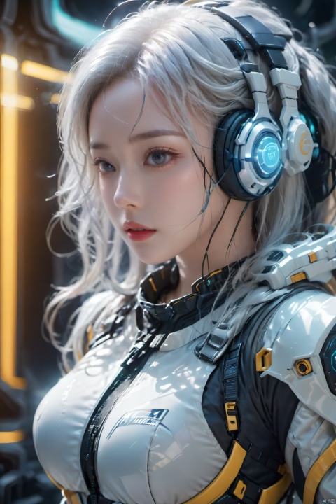  1girl,Future style gel coat,Future Combat Suit,Mecha,blurry background,breasts,depth of field,headphones,Glowing Clothing,Future Technology Space Station,Clothing with multiple light sources,Upper body,Oblique lateral body,Above the abdomen,headset,lips,long hair,looking at viewer,(big breasts:1.3),parted lips,realistic,science fiction,solo,upper body,White hair