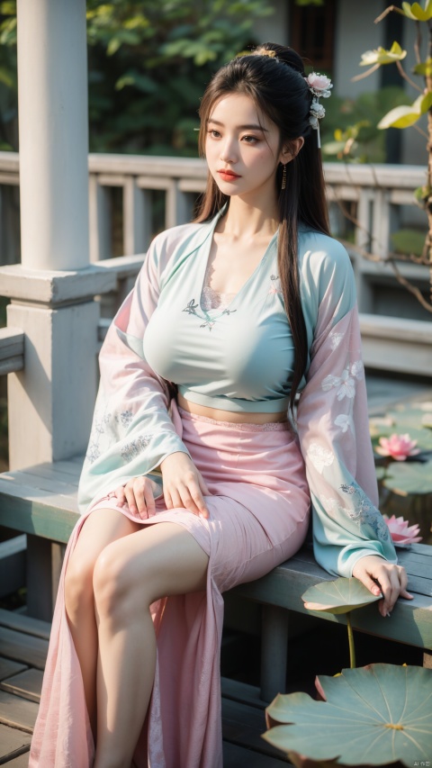  (1girl:1.1), (Lace green skirt:1.39), on Stomach,aqua_earrings,Lights, lanterns, chang,(big breasts:1.56),hanfu, Best quality, Realistic, photorealistic, masterpiece, extremely detailed CG unity 8k wallpaper, best illumination, best shadow, huge filesize ,(huge breasts:1.59) incredibly absurdres, absurdres, looking at viewer, transparent, smog, gauze, vase, petals, room, ancient Chinese style, detailed background, wide shot background,
(((black hair))),(Sitting on the lotus pond porch:1.49) ,(A pond full of pink lotus flowers:1.5),close up of 1girl,Hairpins,hair ornament,hair wings,slim,narrow waist,perfect eyes,beautiful perfect face,pleasant smile,perfect female figure,detailed skin,charming,alluring,seductive,erotic,enchanting,delicate pattern,detailed complex and rich exquisite clothing detail,delicate intricate fabrics,
Morning Serenade In the gentle morning glow, (a woman in a pink lotus-patterned Hanfu stands in an indoor courtyard:1.36),(Chinese traditional dragon and phoenix embroidered Hanfu:1.3), admiring the tranquil garden scenery. The lotus-patterned Hanfu, embellished with silver-thread embroidery, is softly illuminated by the morning light. The light mint green Hanfu imparts a sense of calm and freshness, adorned with delicate lotus patterns, with a blurred background to enhance the peaceful atmosphere,X-Yunxiao