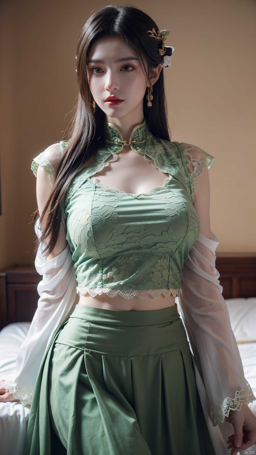  realistic, photo realistic, extremely detailed wallpaper, masterpiece, best quality, ultra-detailed,1girl, (Lace green skirt:1.39), on Stomach, bed,aqua_earrings,Lights, lanterns, chang,(big breasts:1.66),hanfu, (antique cheongsam, Chinese round fans:1.2),