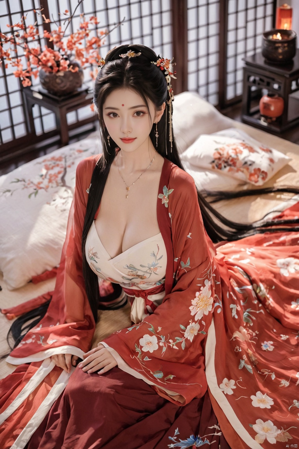  1girl, solo, long hair, black hair,Hairpins,necklace, hair ornament, dress, full body, flower, earrings, indoors, hair bun, (black-red dress),(Tube top Hanfu long skirt:1.1), pillow, bed, night, chinese clothes, table, branch,daxiushan, ,daxiushan style,(huge breasts:1.99), (full breasts:1.59), realistic,hanfu, daxiushan,Shoulders are exposed, , daxiushan, arien_hanfu, FilmGirl