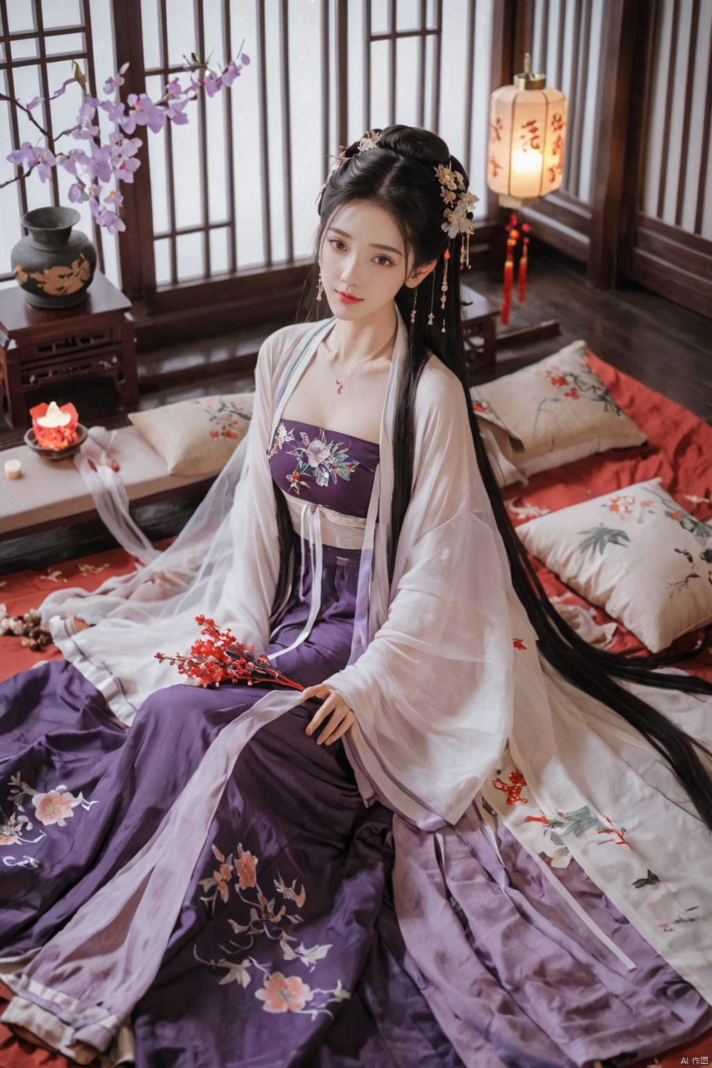  1girl,solo,long hair,white hair,Hairpins,necklace, hair ornament, dress, full body, flower, earrings, indoors, hair bun, (purple-red-black dress),(Tube top Hanfu long skirt:1.1), pillow, bed, night, chinese clothes, table, branch,daxiushan, ,daxiushan style,(huge breasts:1.6), (full breasts:1.39), realistic,hanfu, daxiushan,Shoulders are exposed, , daxiushan, arien_hanfu, FilmGirl