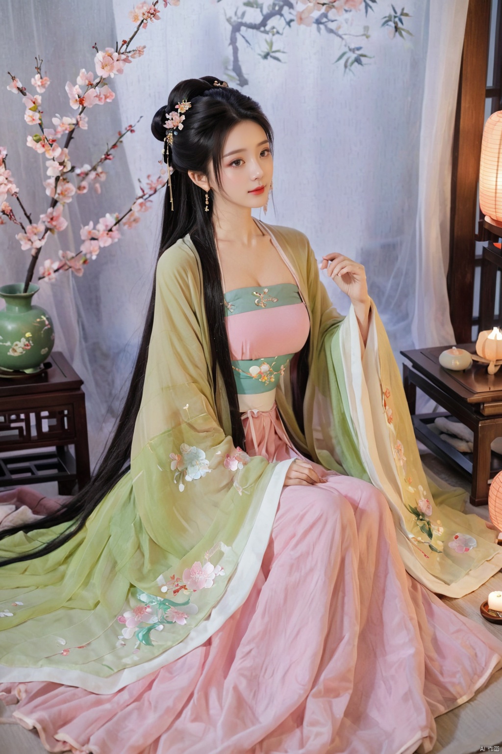  1girl, solo, long hair, black hair,Hairpins,necklace, hair ornament, dress, full body, flower, earrings, indoors, hair bun, (pink-green dress),(Tube top Hanfu long skirt:1.1), pillow, bed, night, chinese clothes, table, branch,daxiushan, ,daxiushan style,(huge breasts:1.99), (full breasts:1.59), realistic,hanfu, daxiushan,Shoulders are exposed, , daxiushan, arien_hanfu, FilmGirl