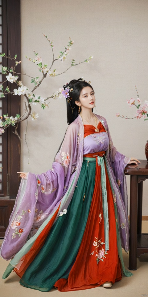  1girl, solo, long hair, black hair,Hairpins,necklace, hair ornament, dress, full body, flower, earrings, indoors, hair bun, (purple-red-green dress),(Tube top Hanfu long skirt:1.1), pillow, bed, night, chinese clothes, table, branch,daxiushan, ,daxiushan style,(huge breasts:1.6), (full breasts:1.39), realistic,hanfu, daxiushan,Shoulders are exposed, , daxiushan, arien_hanfu, FilmGirl