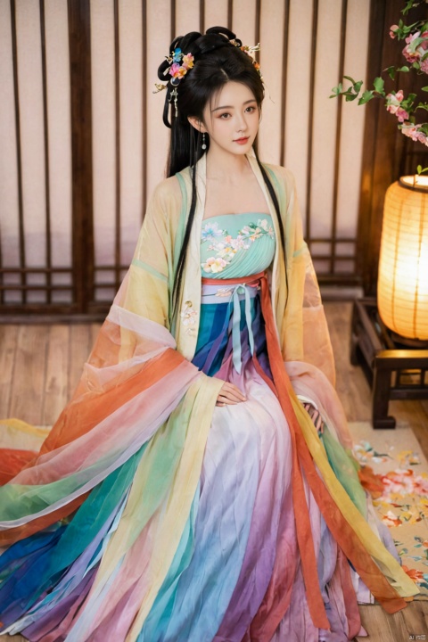  1girl, solo, long hair, black hair,Hairpins,necklace, hair ornament, dress, full body, flower, earrings, indoors, hair bun, (Seven-color rainbow gradient color dress),(Tube top Hanfu long skirt:1.1), pillow, bed, night, chinese clothes, table, branch,daxiushan, ,daxiushan style,(huge breasts:1.99), (full breasts:1.59), realistic,hanfu, daxiushan,Shoulders are exposed, , daxiushan, arien_hanfu, FilmGirl