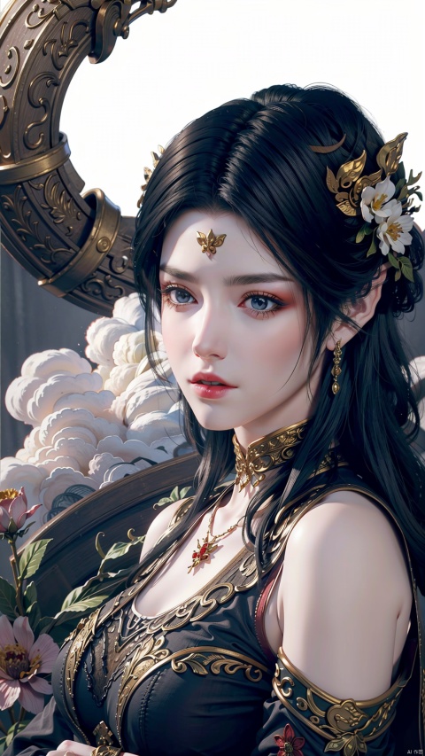  1girl, solo, waist up, hanfu fashion, (flower blossom:1.2) jewelry, ancient art, chinese, long_hair, cloud, white smoke
official art, unity 8k wallpaper, ultra detailed, aesthetic, masterpiece, best quality, photorealistic