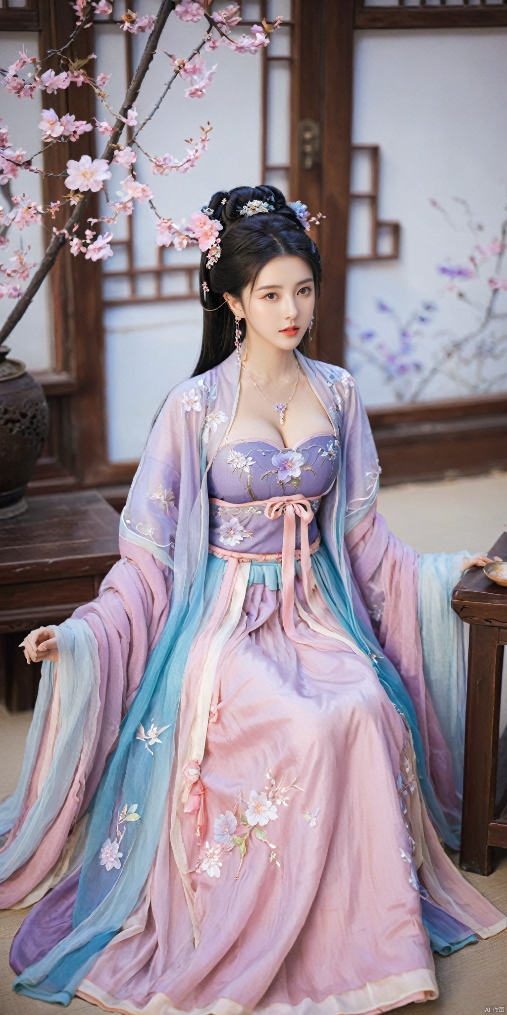  1girl, solo, long hair, black hair,Hairpins,necklace, hair ornament, dress, full body, flower, earrings, indoors, hair bun, (purple-pink-blue dress),(Tube top Hanfu long skirt:1.1), pillow, bed, night, chinese clothes, table, branch,daxiushan, ,daxiushan style,(huge breasts:1.6), (full breasts:1.39), realistic,hanfu, daxiushan,Shoulders are exposed, , daxiushan, arien_hanfu, FilmGirl