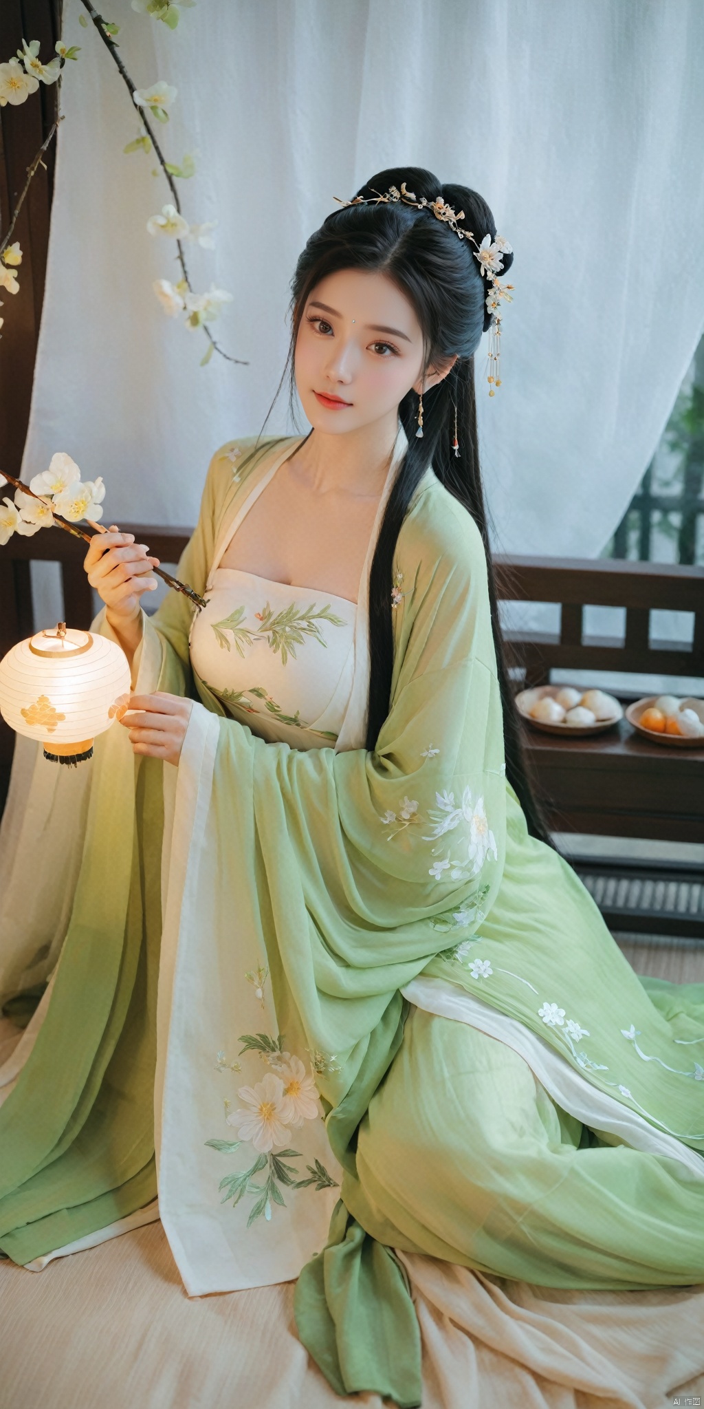  1girl, solo, long hair, black hair,Hairpins,necklace, hair ornament, dress, full body, flower, earrings, indoors, hair bun, (light green dress),(Tube top Hanfu long skirt:1.1), pillow, bed, night, chinese clothes, table, branch,daxiushan, ,daxiushan style,(huge breasts:1.99), (full breasts:1.69), realistic,hanfu, daxiushan,Shoulders are exposed, , daxiushan, arien_hanfu,