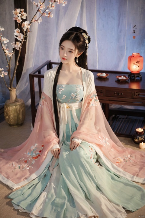  1girl, solo, long hair, black hair,Hairpins,necklace, hair ornament, dress, full body, flower, earrings, indoors, hair bun, (embroidery dress),(Tube top Hanfu long skirt:1.1), pillow, bed, night, chinese clothes, table, branch,daxiushan, ,daxiushan style,(huge breasts:1.99), (full breasts:1.59), realistic,hanfu, daxiushan,Shoulders are exposed, , daxiushan, arien_hanfu, FilmGirl