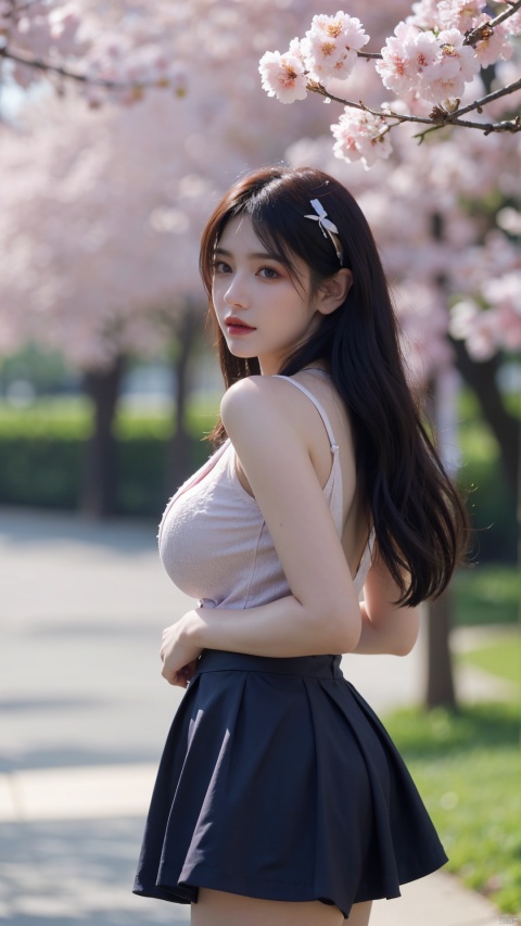  1girl,eye contact,sunlight,(purple JK_suit:1.2),JK_style,(dark blue JK_skirt),standing,arms behindback,white thighhighs,unity 8k wallpaper,ultra detailed,beautiful and aesthetic,cherry blossoms,(depth of field:1.5),(black pantyhose),reality,high quality,highres,(big breasta:1.26)