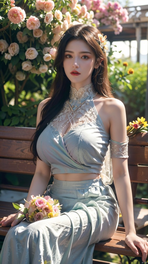  (Floral_wrap_top:1.4),(light rainbow gradient color Midi_skirt:1.4),(Beaded_bracelets:1.3),(Garden_party_background:1.5)1girl,solo,very long hair, (big breasts:1.66),outdoors,streets,street,city,(Beach_background:1.4),(masterpiece, best quality, realistic,),(photorealistic:1.4),chinese girl,lip,brown eyes,(brighteninglight:1.2),(Increasequality:1.4),finelydetailedeyes,She has exquisite facial features and delicate skin,Rich and realistic skin texture,fine hands,the magnificent evening dress was adorned with sparkling jewelry,(Facing the camera, sitting on a park bench:1.3),(Romantic_lace_top:1.5),(Flowy_maxi_skirt:1.4),(Delicate_bracelet:1.3),(high neck lace evening dress:1.39),(Garden_wedding_background:1.39), yuyao, qianjin, (big breasts:1.83),(flowers:1.69), shidudou